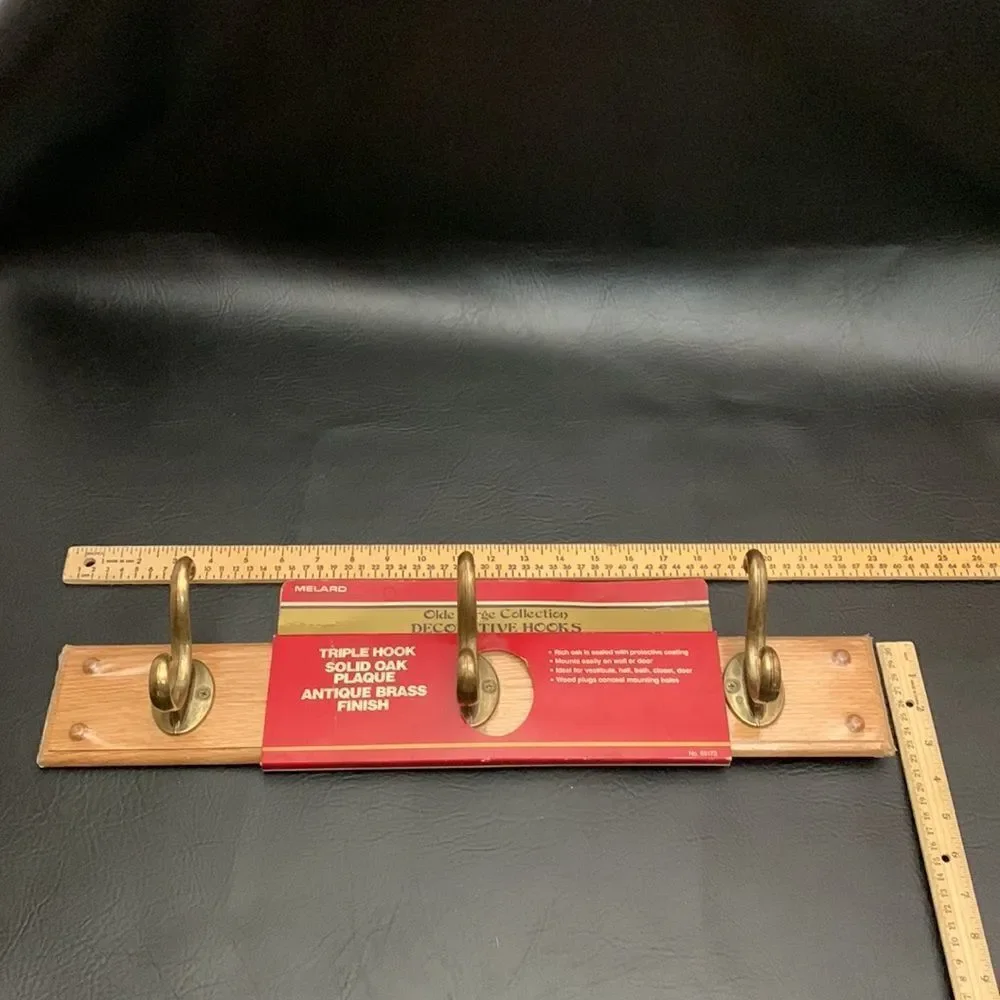 Melard Old Forge Triple Hook Solid Oak Plaque Antique Brass Finish Easy Mount